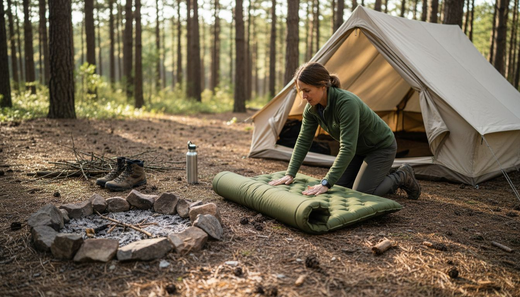 Camper setting up mattress in pine forest