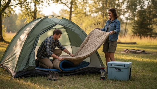 Campers placing mattress cover outdoors