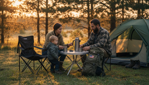 Family enjoying ergonomic camping setup at sunrise