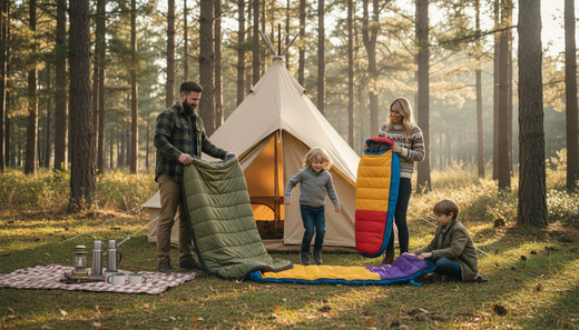 Family arranges sleeping bags at campsite