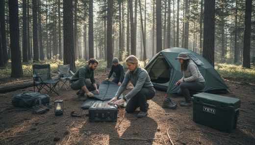 Campers using high-tech gear in forest