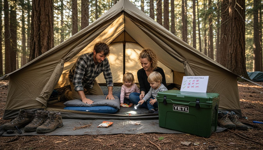 Family putting mattress cover in tent