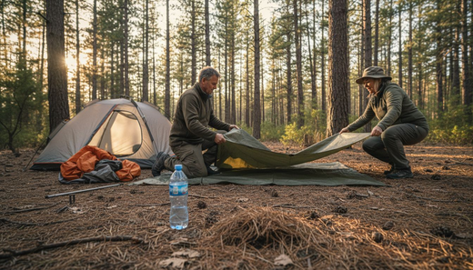 Campers setting up tarp groundsheet under tent