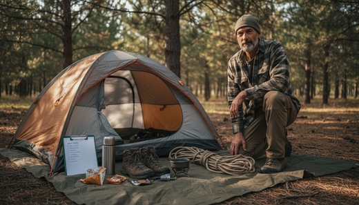 Camper organizing camping gear beneath pine trees