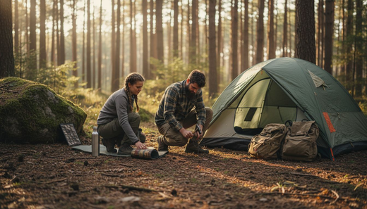 Campers setting up eco-friendly tent in forest