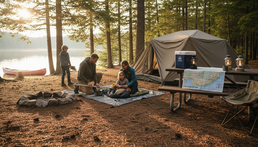 Family using modular camping gear at lakeside site