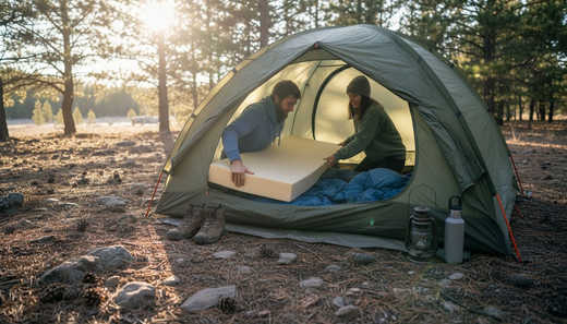 Campers placing foam mattress in pine forest tent