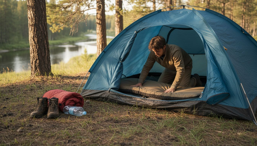 Camper setting up mattress pad outdoors