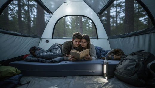 Couple relaxing on memory foam camping mattress