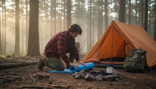 Camper unrolling foam sleeping pad at camp