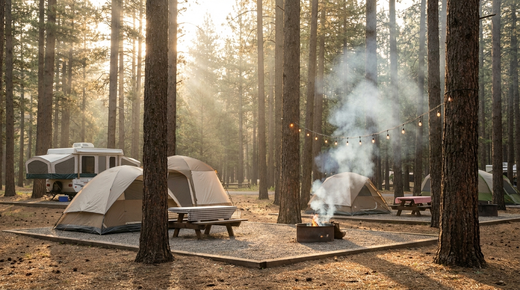 Peaceful campground at golden hour with tents, a contained campfire, and string lights among pine trees