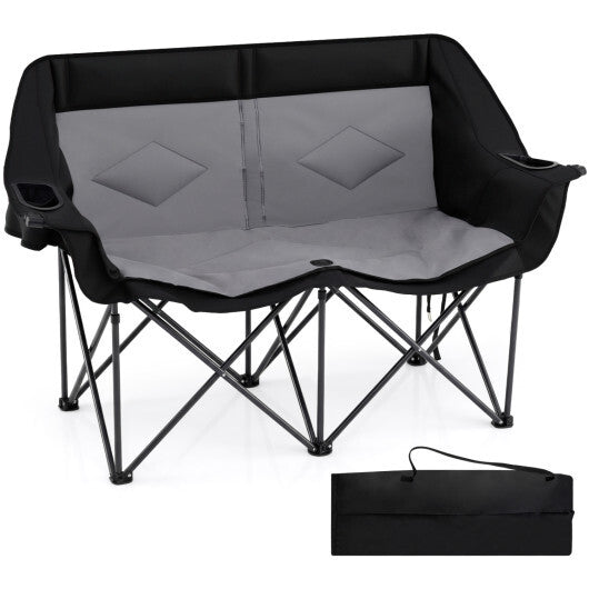 Double Camping Chair with Cup Holders Glass Racks and Mesh Pockets-Black - Hazli Collection