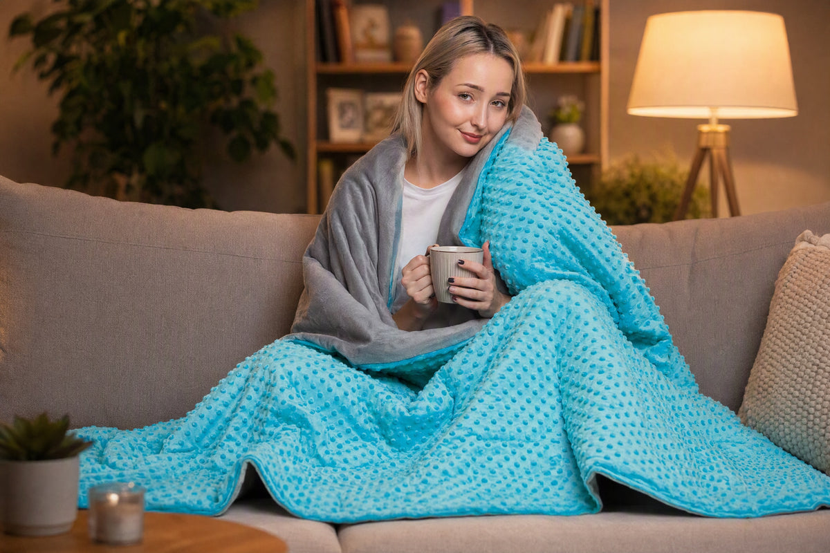 Turquoise Hazli weighted blanket with grey minky underside on a sofa in the evening, 10 lb size for teens and adults