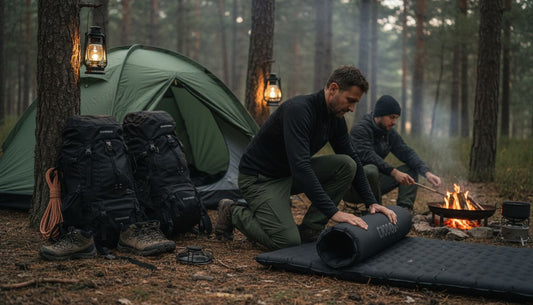 rolled camping mattress forest