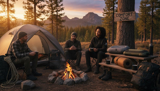 Campers comparing different camping pillows at campsite