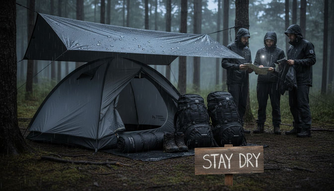Campsite at dusk with waterproofed gear