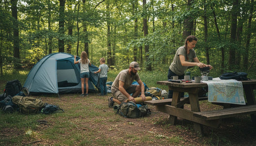 Family setting up summer camping gear in forest