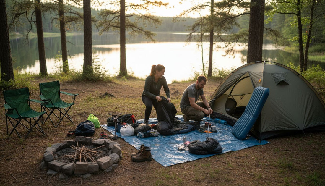Campers arranging gear at cozy forest site