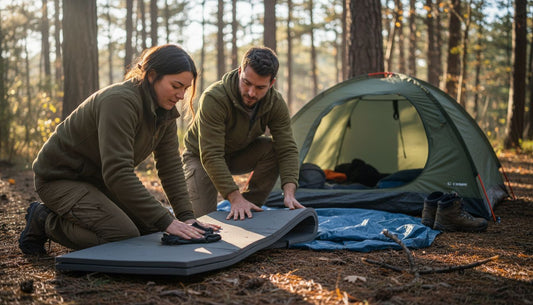 Campers cleaning mattress outside forest tent