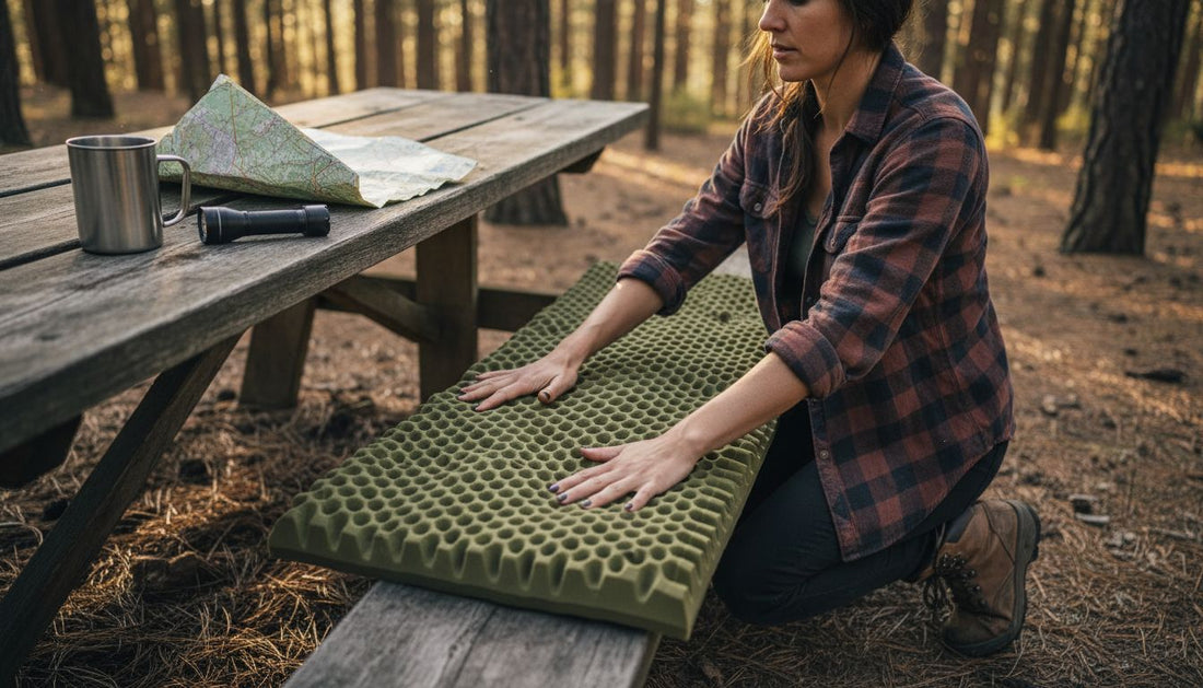 Camper inspecting open-cell foam at campsite