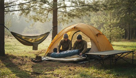 Campers arranging outdoor sleeping gear at campsite