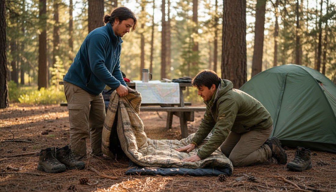 Campers unrolling bedding near forest tent