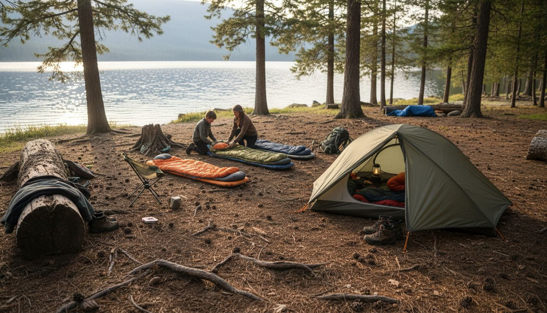 Family sets up camp bedding by lake