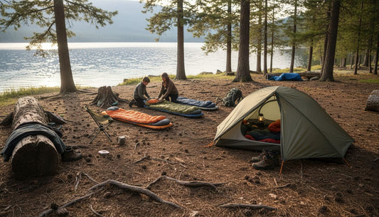 Family sets up camp bedding by lake