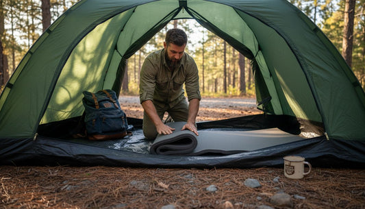Camper unrolling thick mattress inside tent