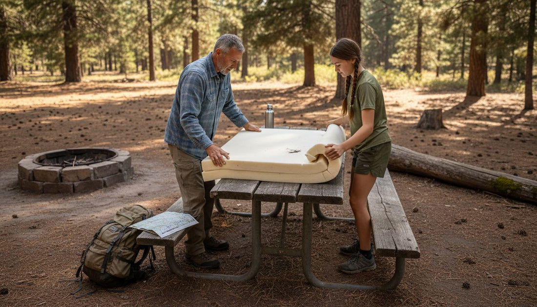 Family sets up memory foam at campground