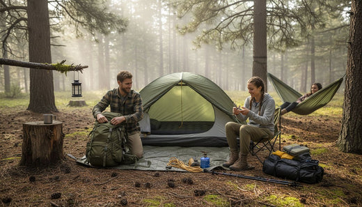 Campers with modern camping gear at forest campsite