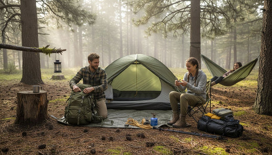 Campers with modern camping gear at forest campsite