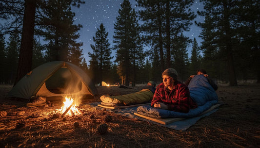 Campers settling into sleeping bags under stars