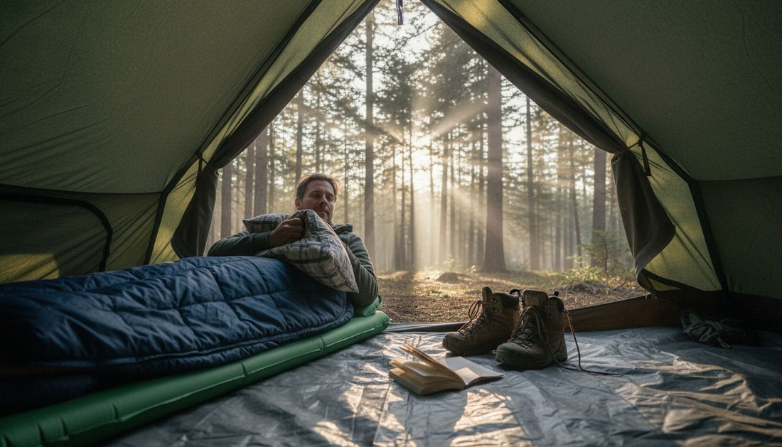Camper in sleeping bag in forest tent