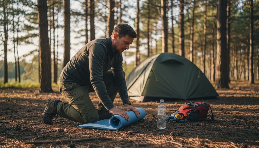 Camper unrolling sleeping pad at forest camp