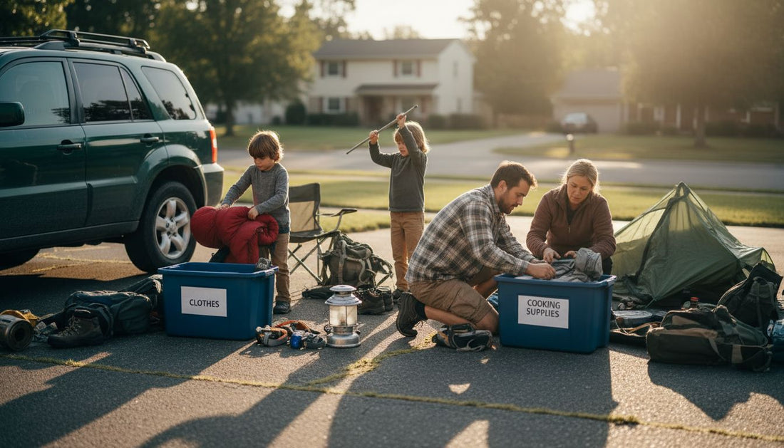 Family sorts camping gear beside packed SUV
