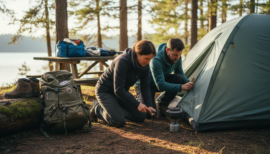 Campers inspecting tents for early wear
