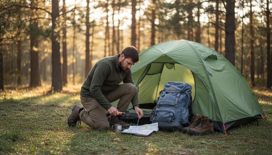 Beginner backpacker setting up tent in forest
