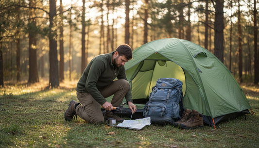 Beginner backpacker setting up tent in forest