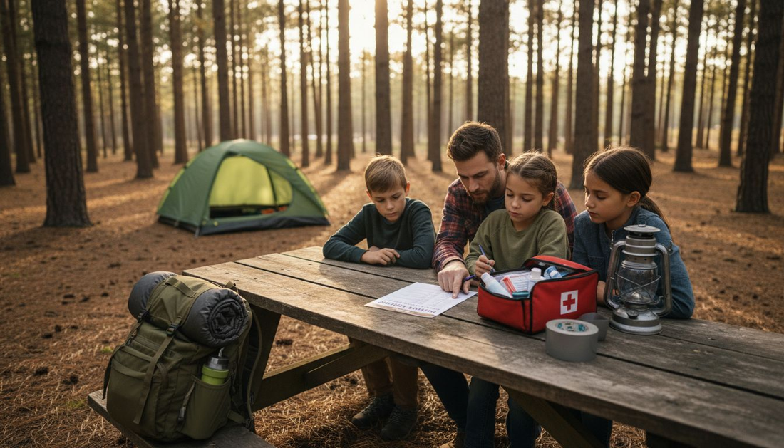 Family checks camping safety list at forest campsite