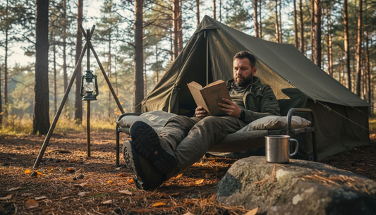 Camper relaxing on outdoor camp bed frame