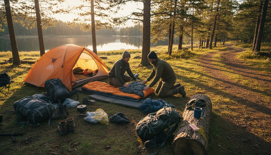 Campers setting up portable bedding at forest campsite
