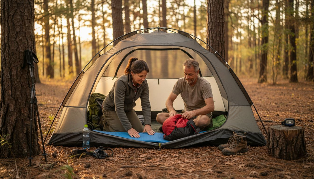 Campers preparing sleep gear in tent at dusk