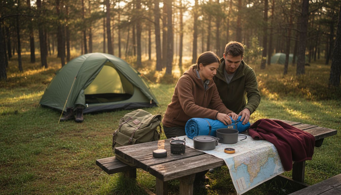Campers organizing gear at forest campsite