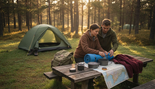 Campers organizing gear at forest campsite