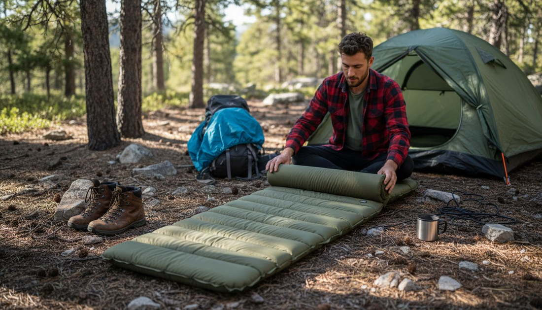 Backpacker unrolling mattress at forest campsite