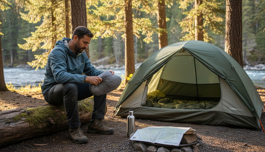 Camper adjusting pillow by riverside tent