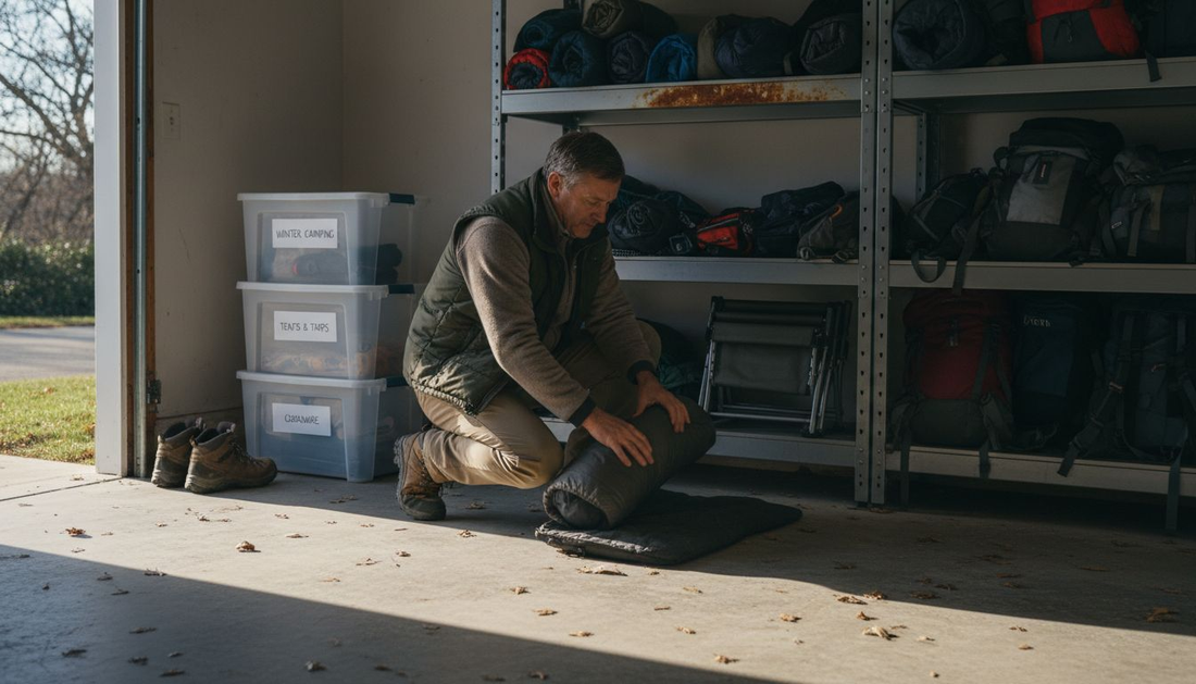 Man organizing camping gear in garage