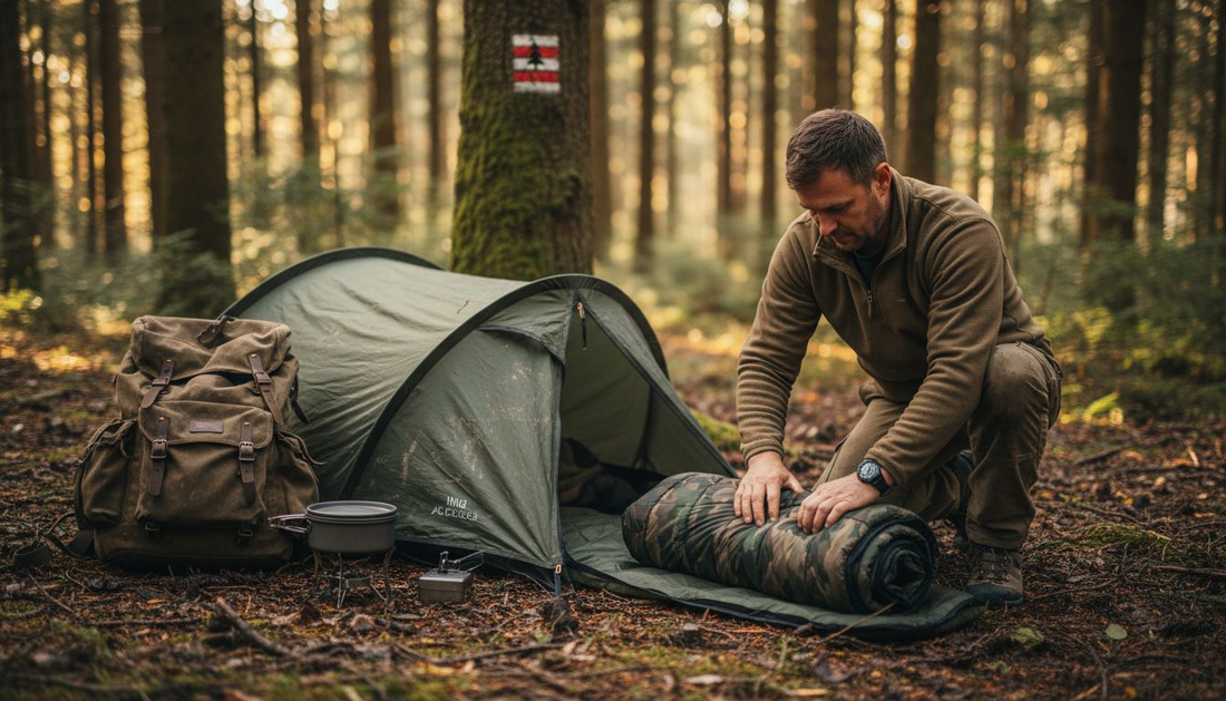 Camper setting up versatile camping gear outdoors