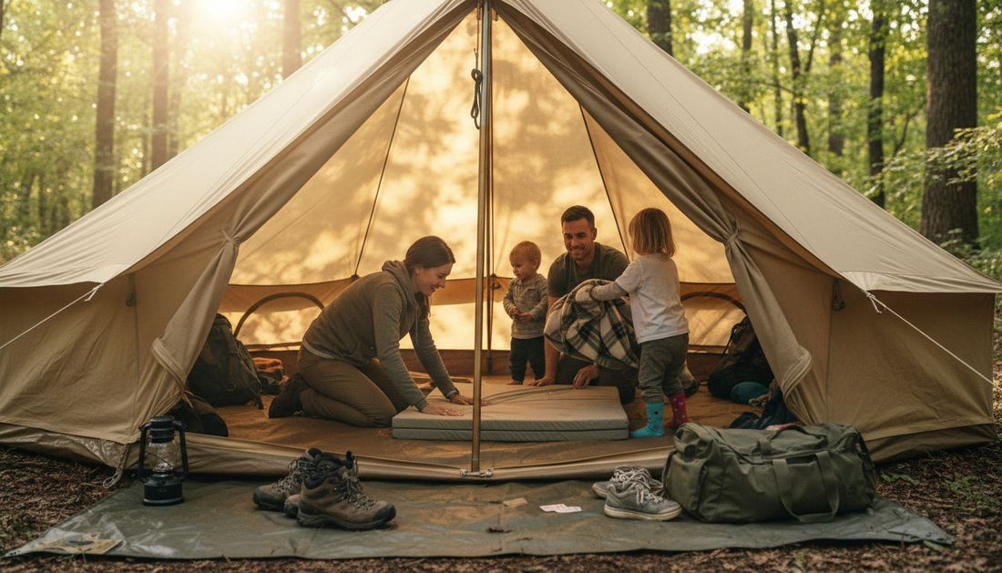 Family arranges cozy sleeping gear in tent